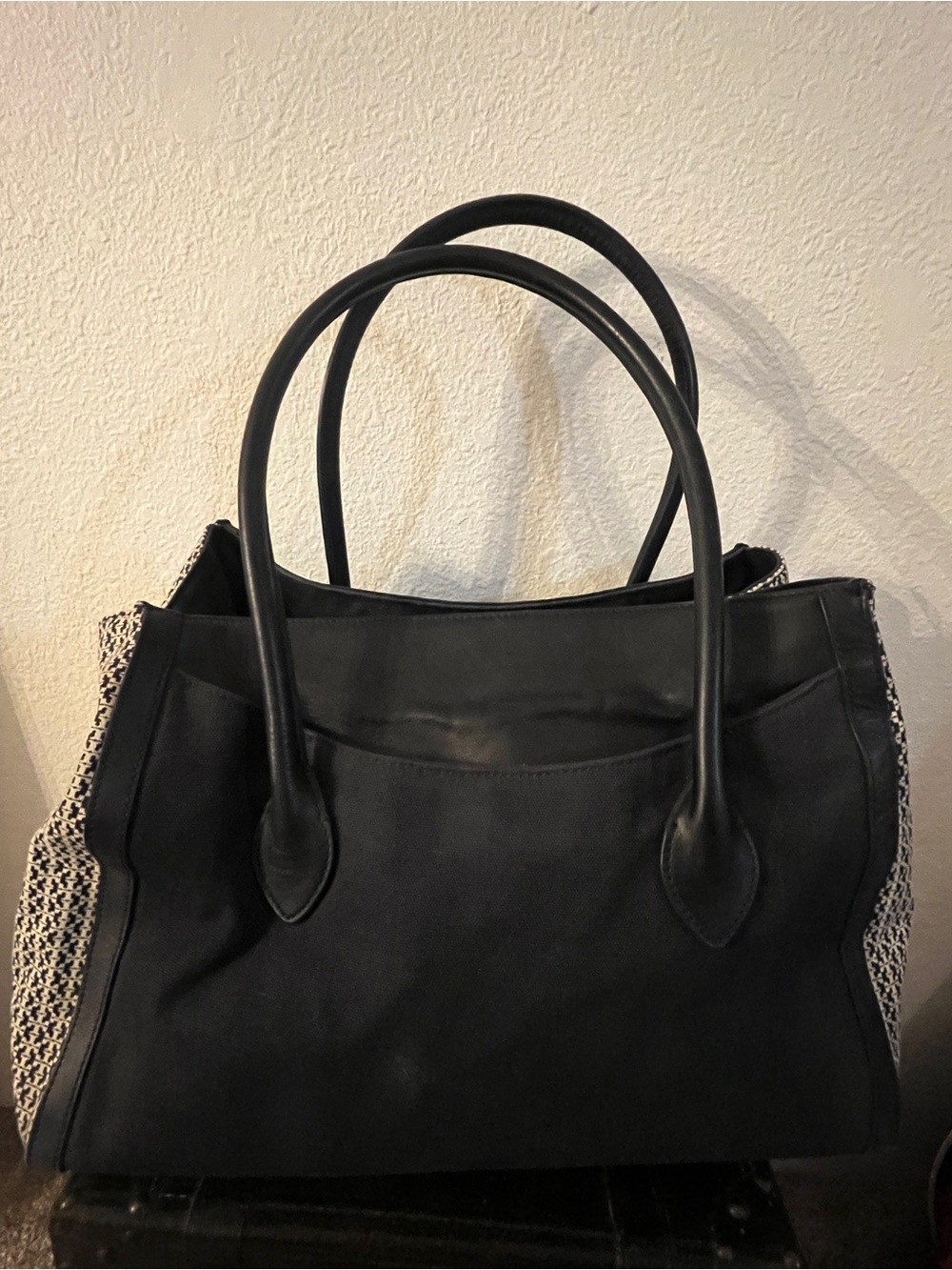 Tory Burch Blue Tote with Woven Contrast Side Panels